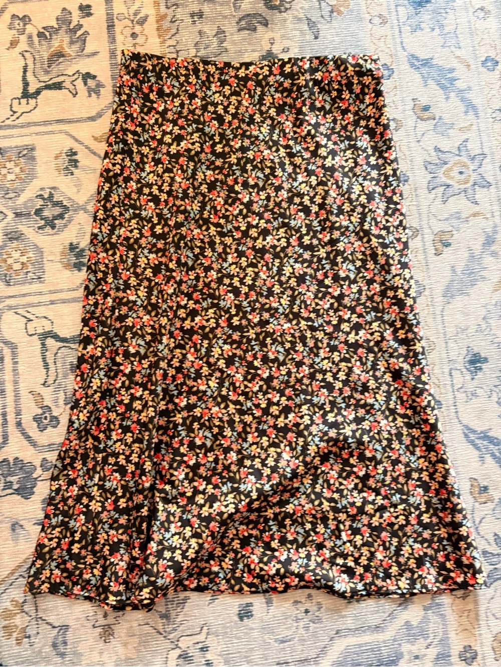 LOFT Black Midi Skirt with Pink & Cream Floral Print